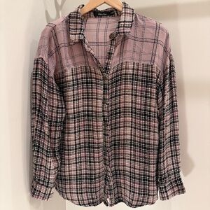 Doe & Rae Pink & Black Plaid Button-up Top - Size Small